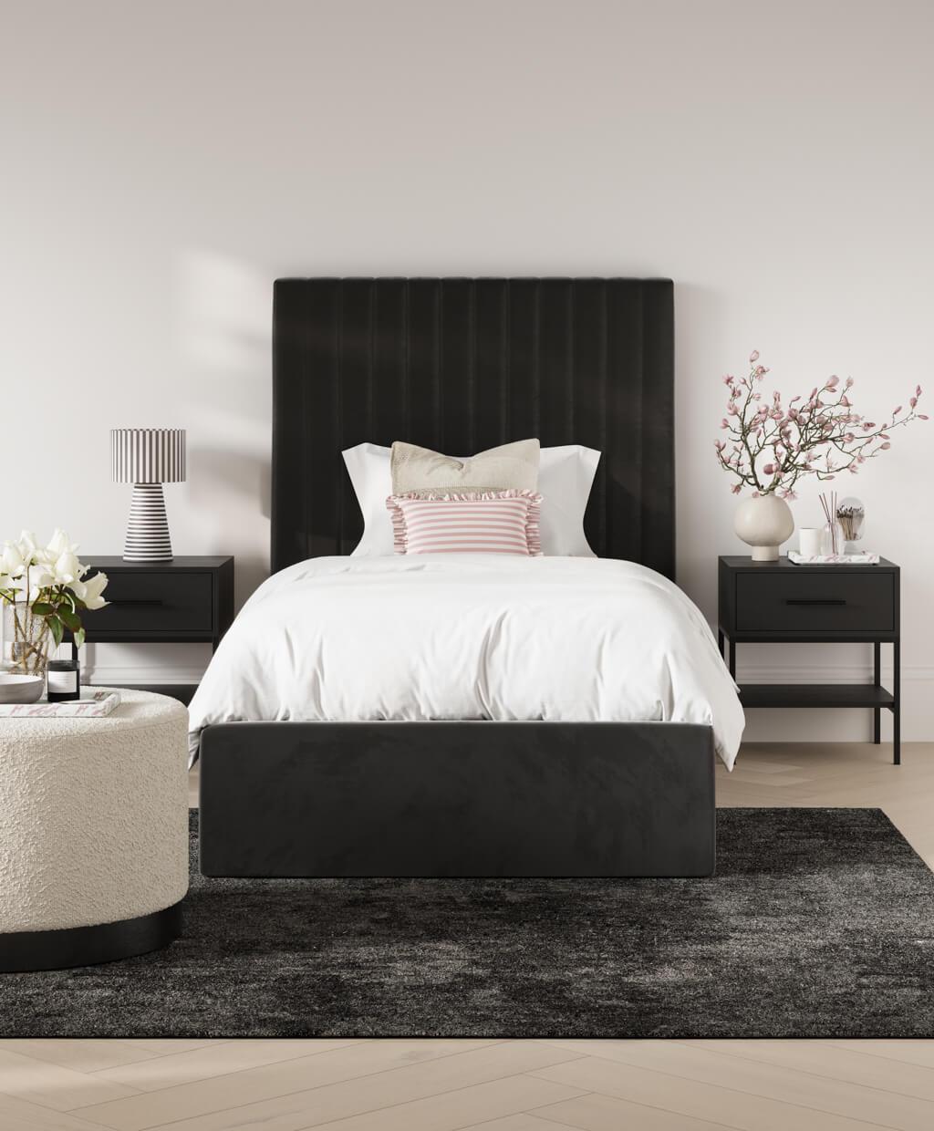 Berlin Black Velvet Tall Ottoman Single Bed